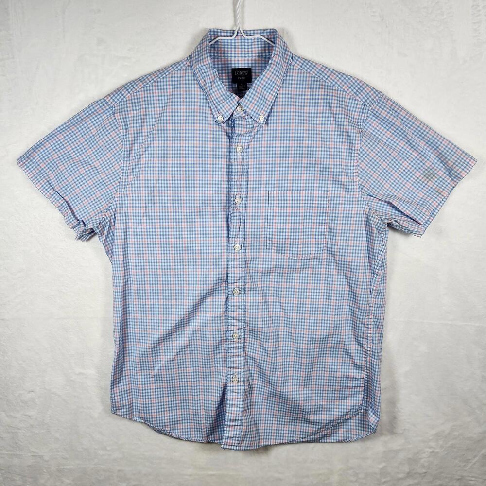 J Crew Flex Plaid Short Sleeve Button Down Shirt Blue Red Size Large